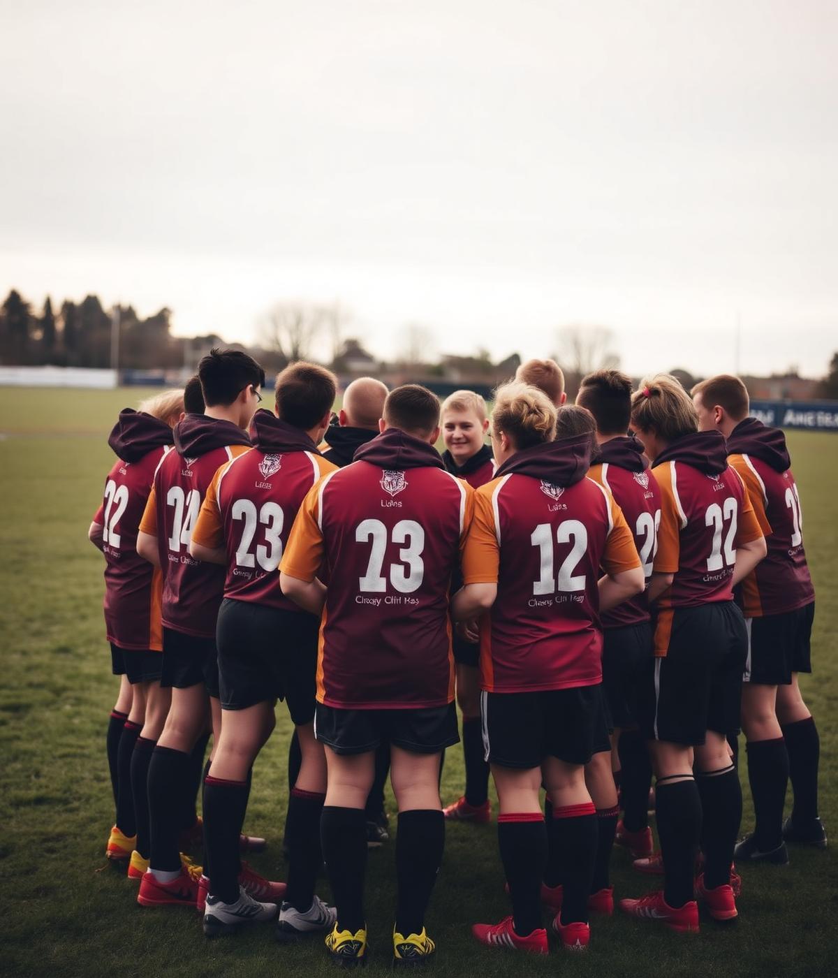 A community sports team gathered together on a grass field