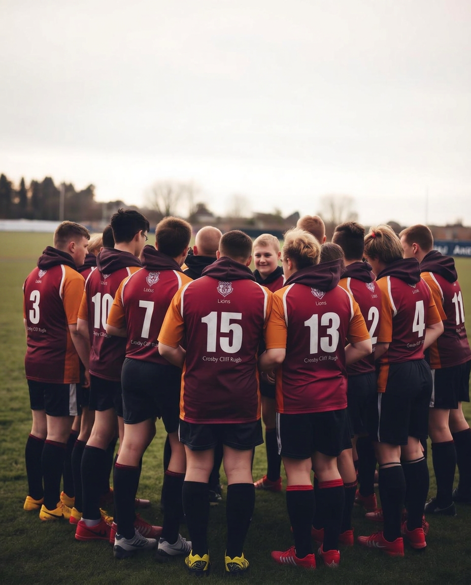 A community sports team gathered together on a grass field